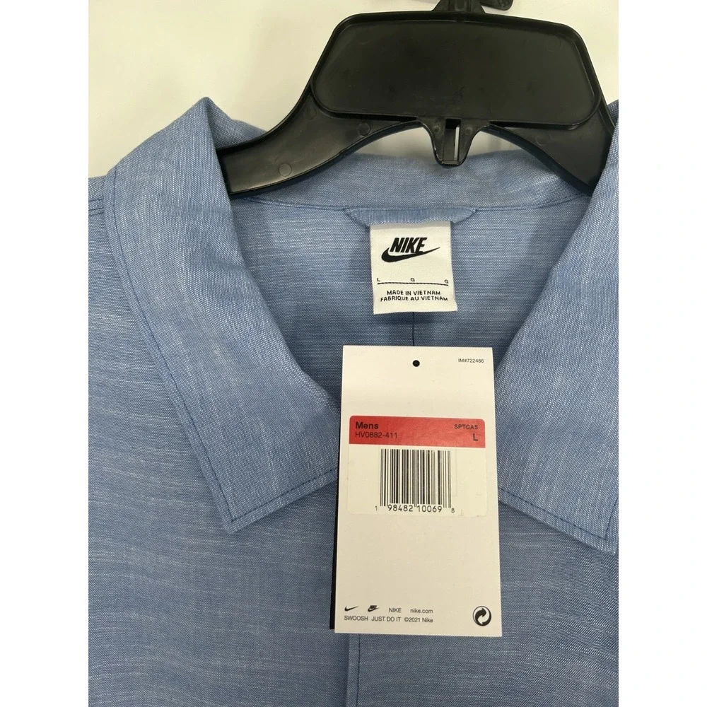 Nike Life Button Up Shirt Large Blue Chambray Long Sleeve Loose Fit HV0882-411